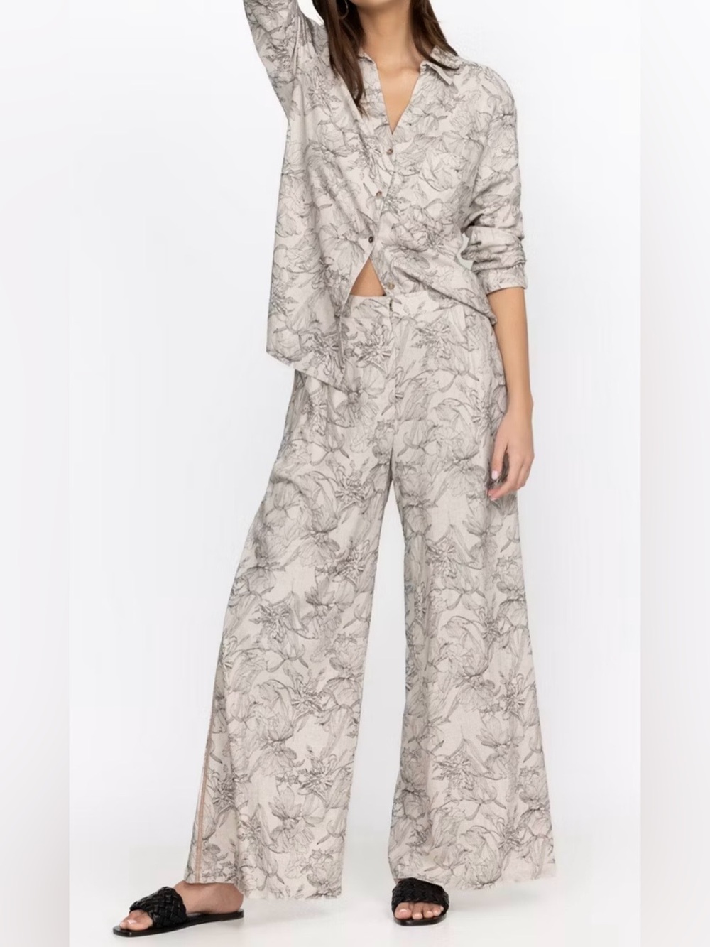 Johnny Was Etched Floral Linen-Blend Wide Leg Pants Size XL Like New